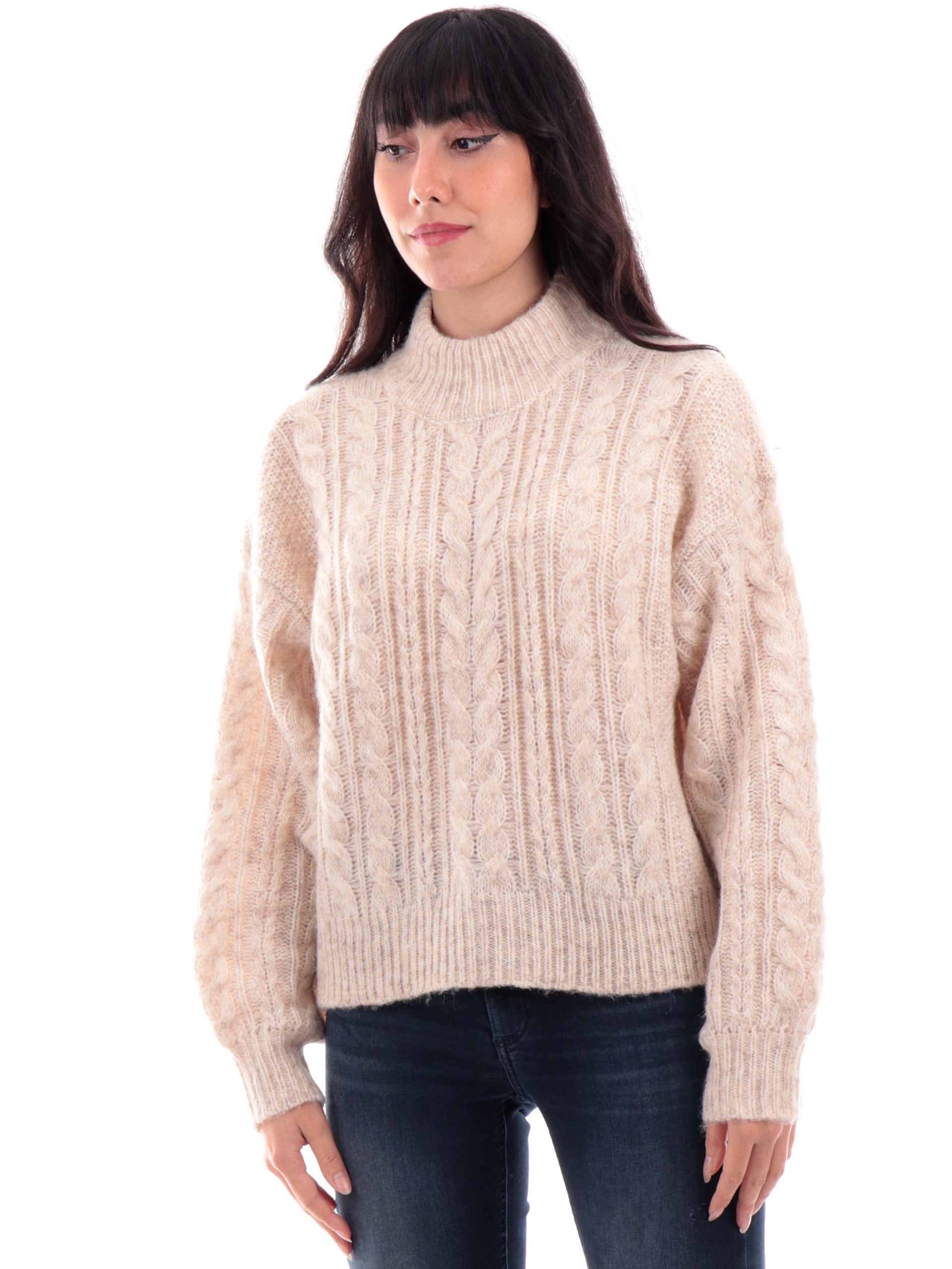 Maglione collo alto Only beige da donna tessuto intrecciato 15327651