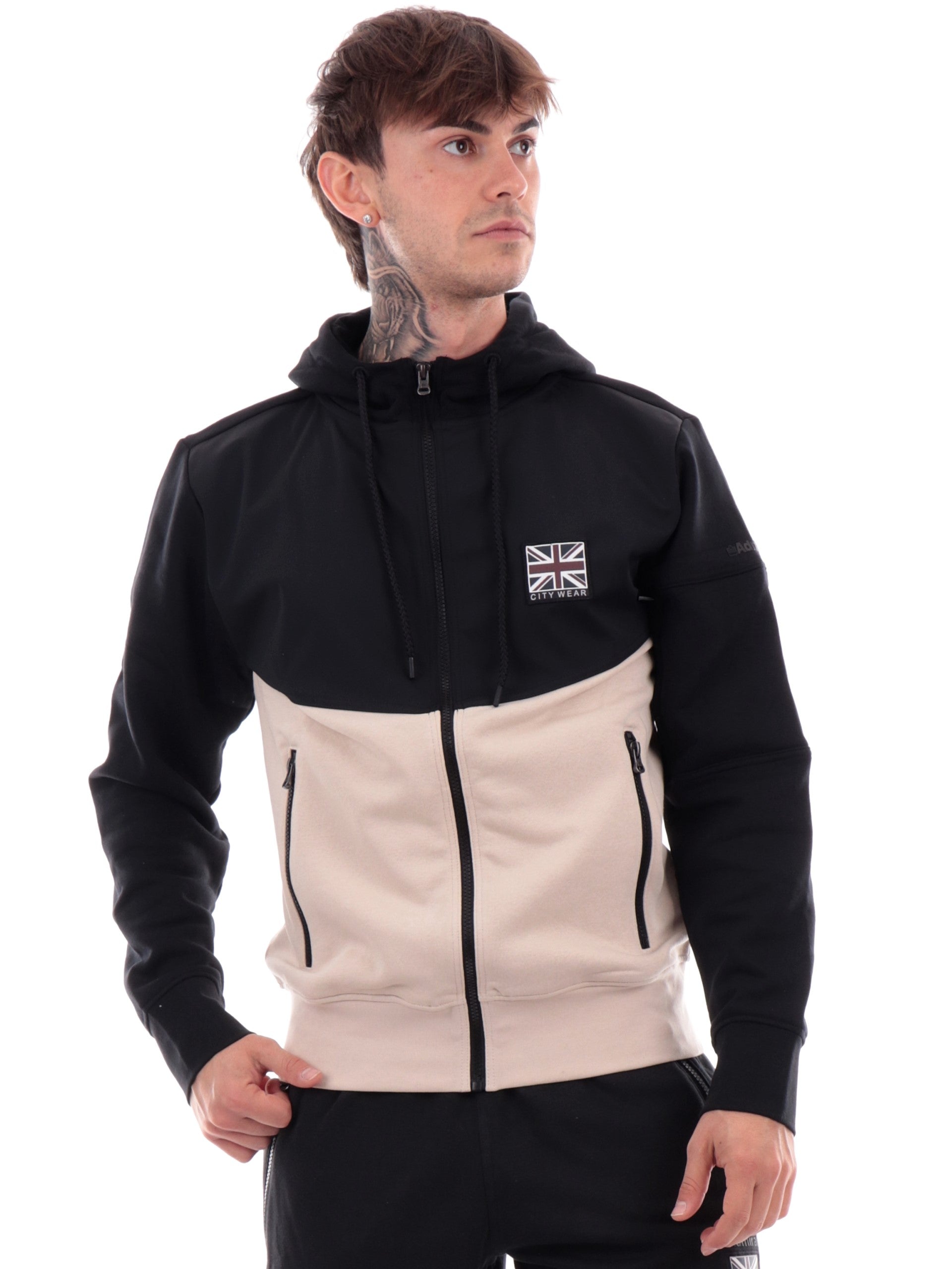 Felpa tecnica Admiral nera e beige da uomo full zip con cappuccio AD3091