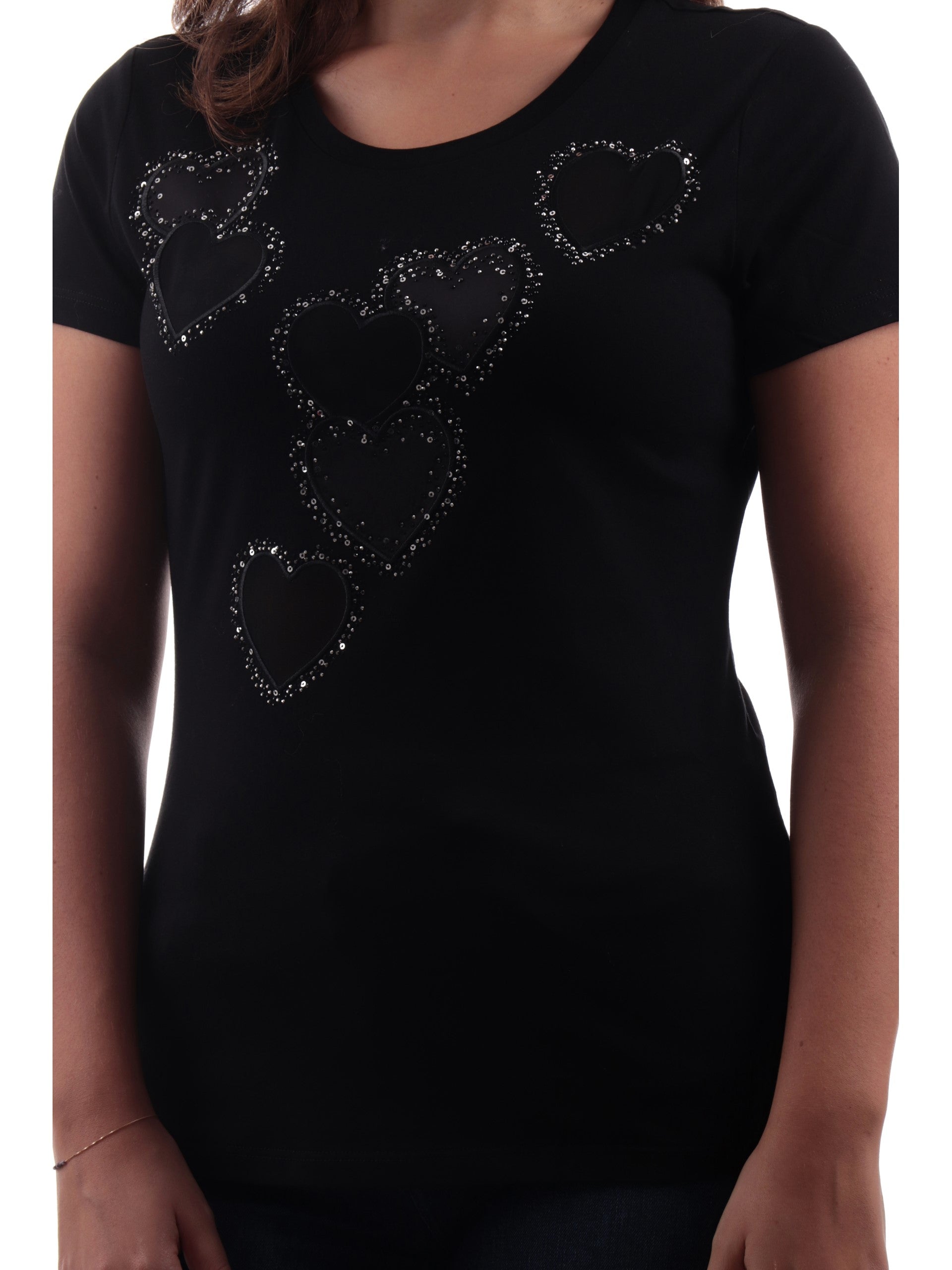 T shirt Liu Jo nera da donna cuori con paillettes WF4106J5904